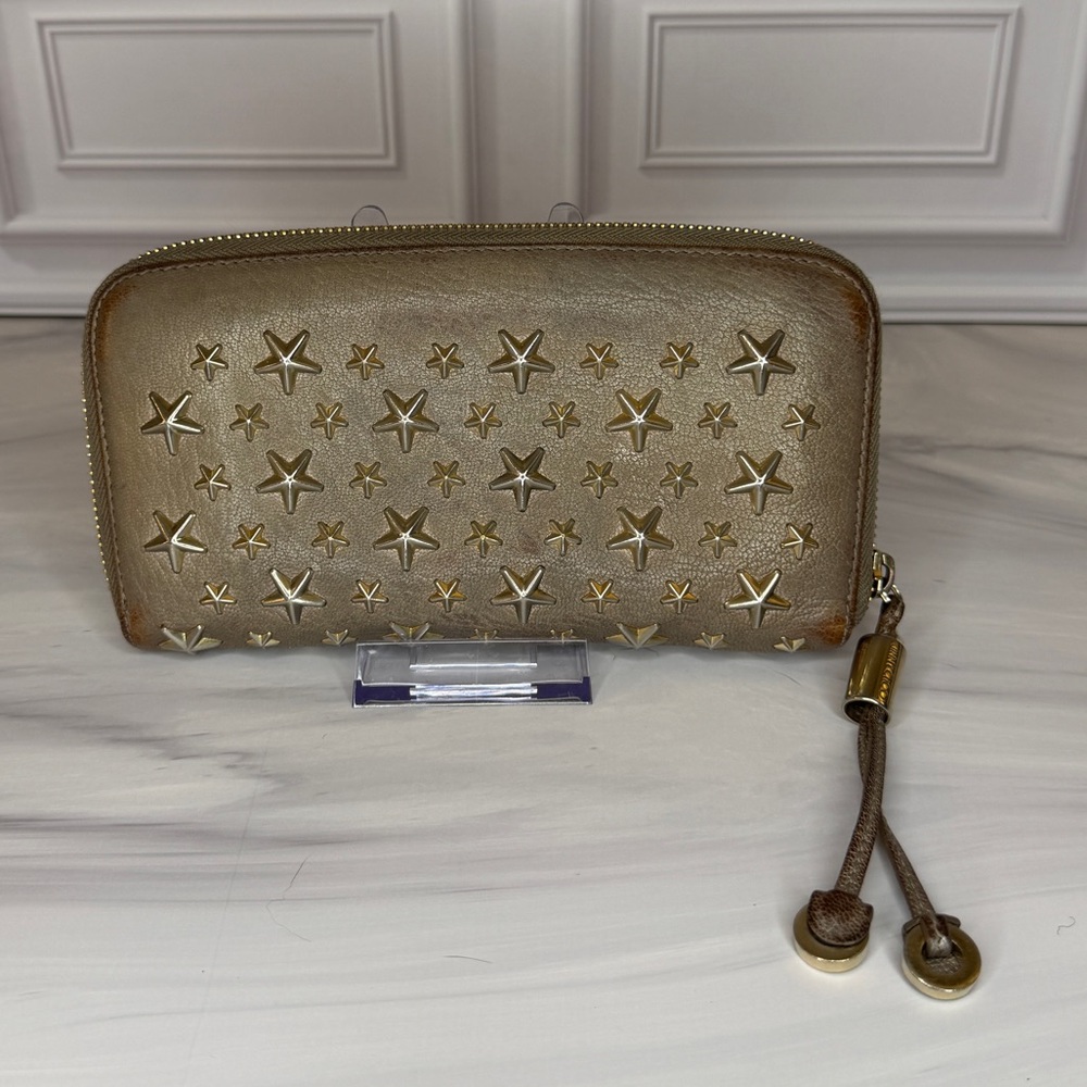 Jimmy Choo Gold Metallic Zip Around Leather Continental Wallet Full Inclusion - Picture 4 of 15